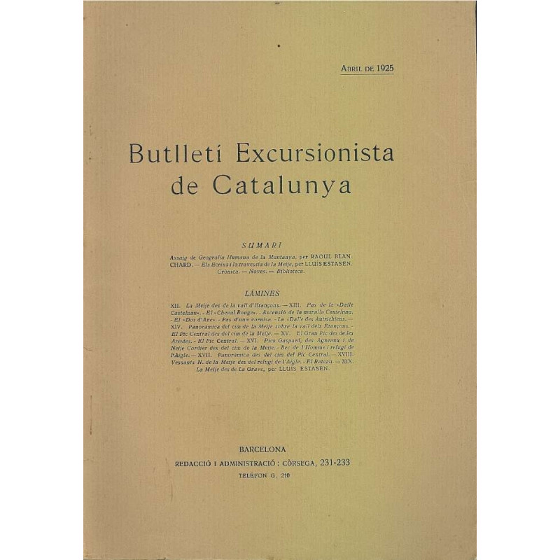 BUTLLETI EXCURSIONISTA DE CATALUNYA Abril De 1925 Num. 359
